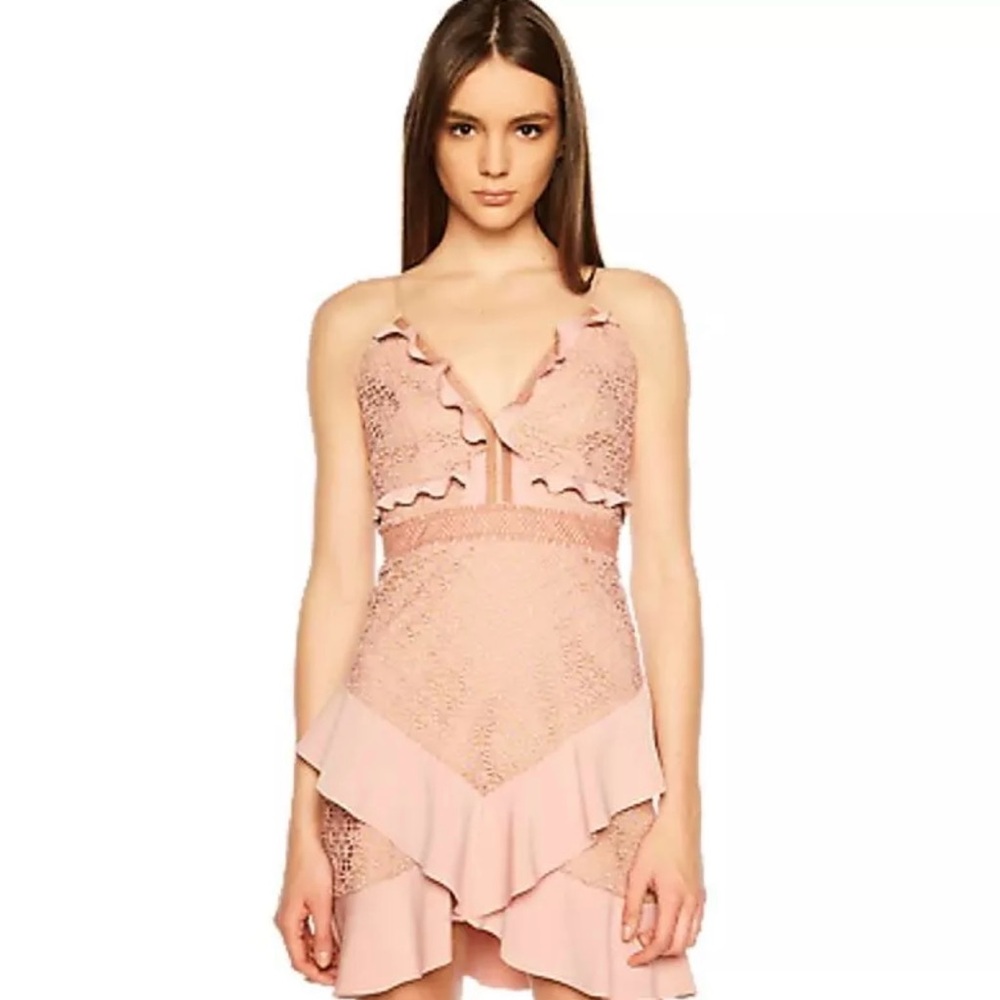 Bardot Fae Lace Mini Dress in Dusty Rose Ruffle